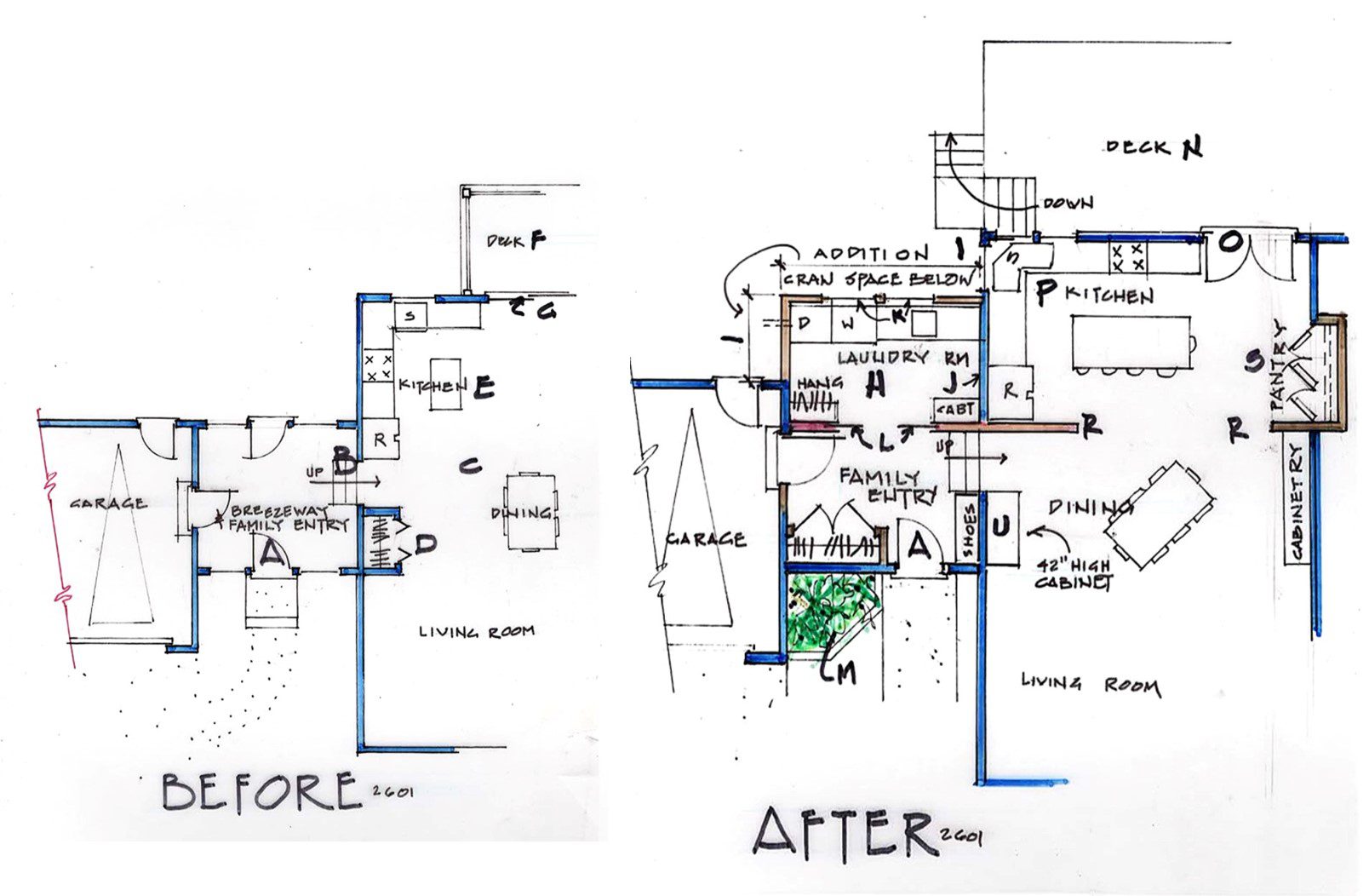 Before and after floor plan comparison.