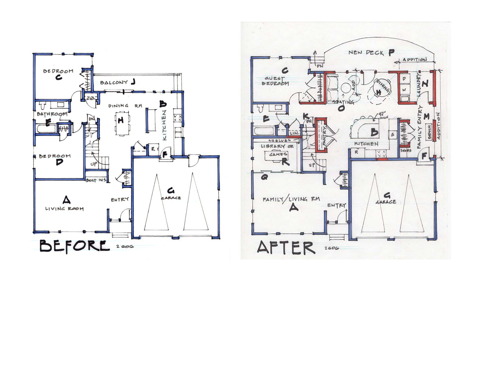 Before and after home floor plan comparison.