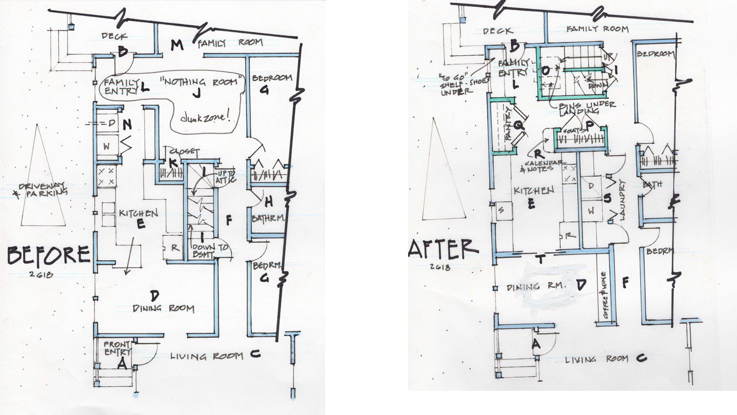 Before and after floor plan comparison.