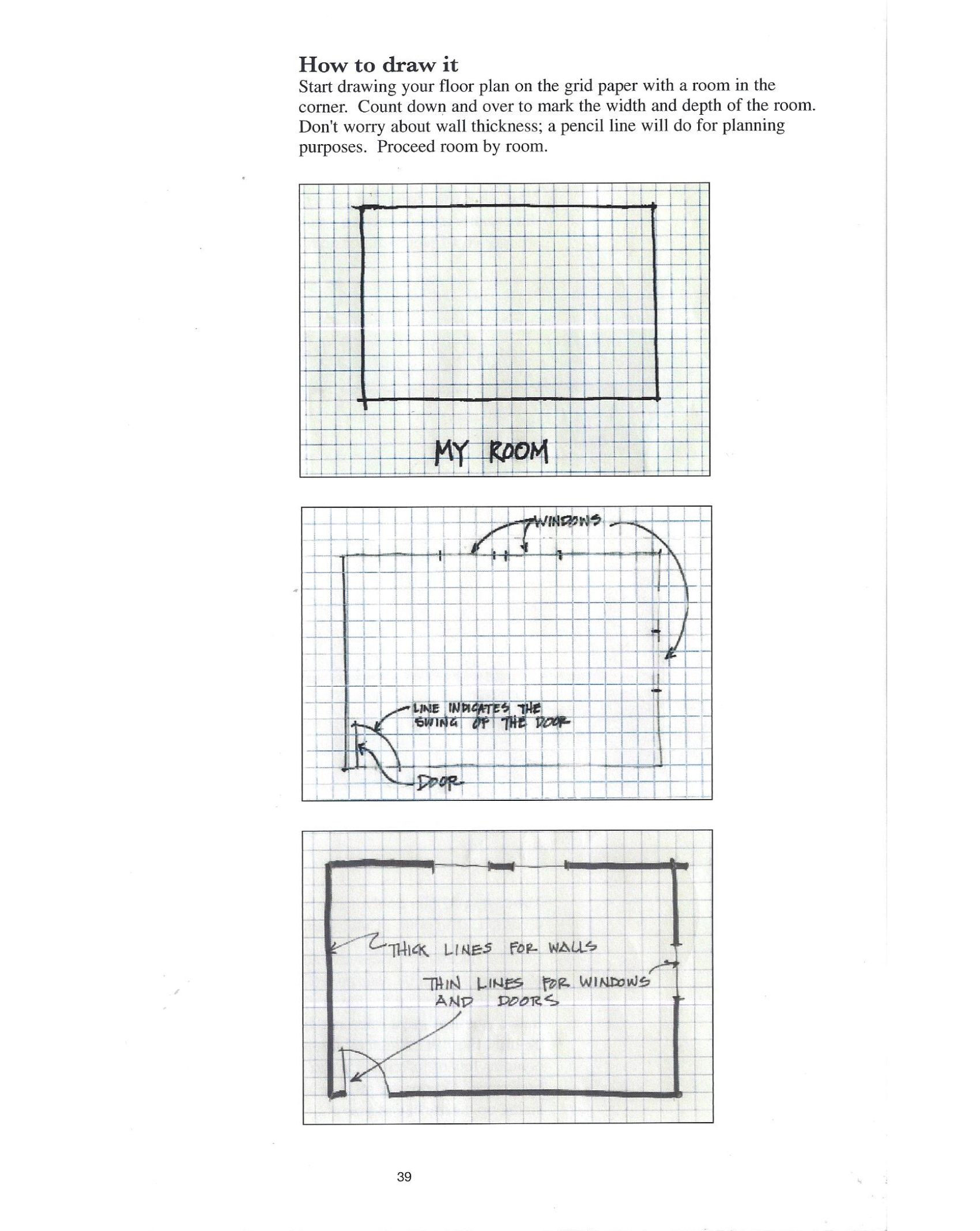 Grid paper with room layout sketches.