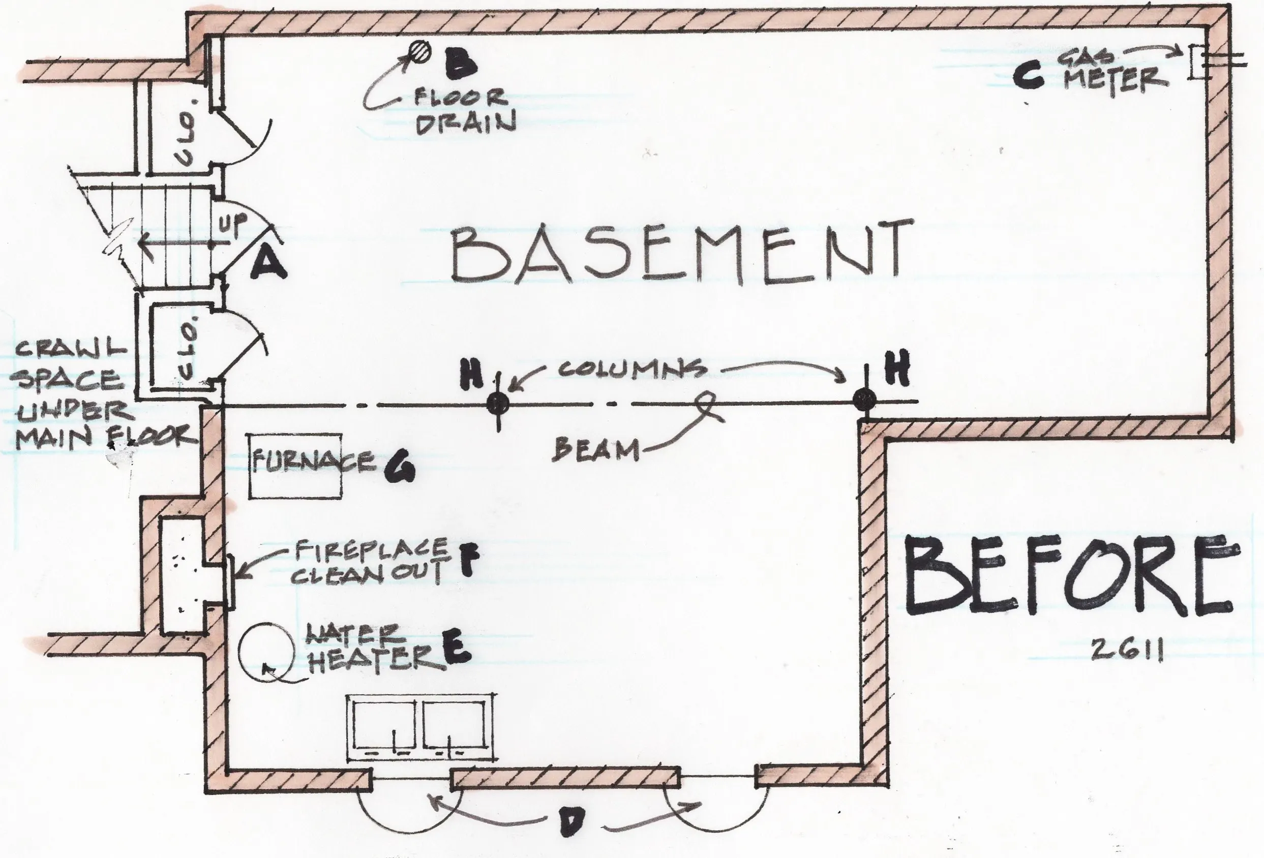 Basement floor plan with labeled features.