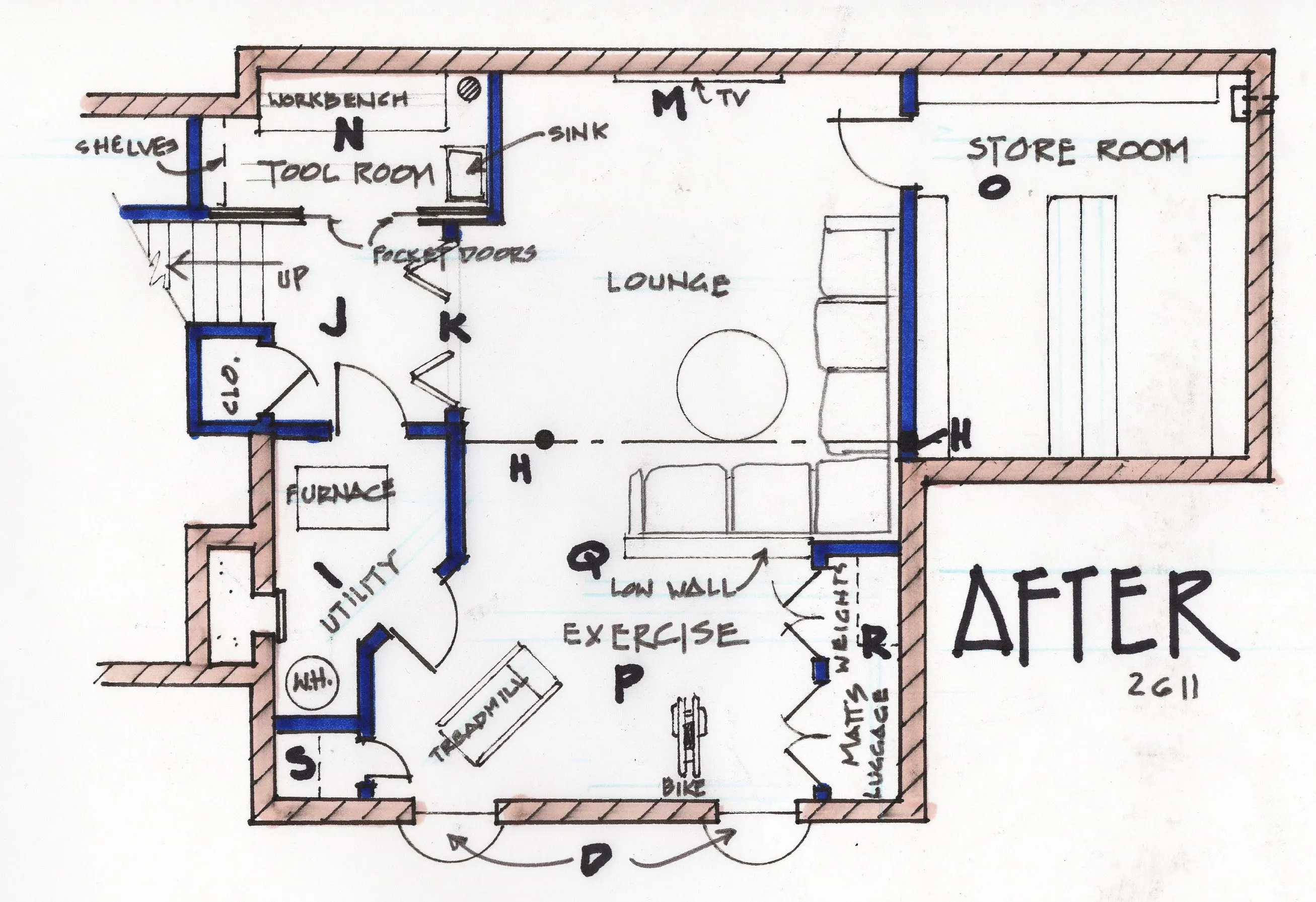 Basement renovation floor plan with annotations.